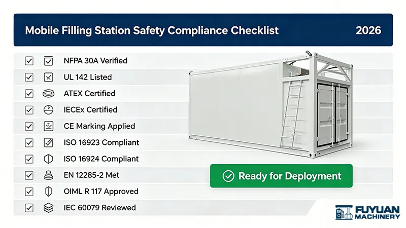 10-point safety compliance checklist for mobile filling stations in 2026 – verify NFPA 30A, UL 142, ATEX, IECEx, CE, ISO standards, EN 12285-2, OIML R 117, and IEC 60079 before purchase. 10-point safety compliance checklist for mobile filling stations in 2026 – verify NFPA 30A, UL 142, ATEX, IECEx, CE, ISO standards, EN 12285-2, OIML R 117, and IEC 60079 before purchase.