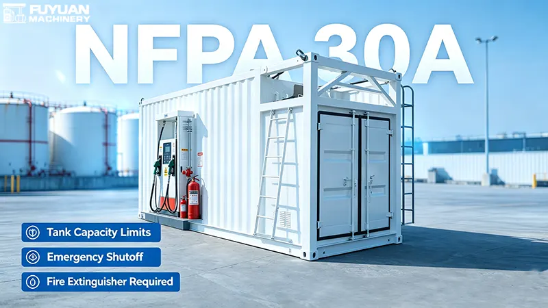 NFPA 30A is the primary fire safety standard for mobile filling stations covering tank capacity limits, emergency shutoffs, fire extinguishers, and spill kits. NFPA 30A is the primary fire safety standard for mobile filling stations covering tank capacity limits, emergency shutoffs, fire extinguishers, and spill kits.