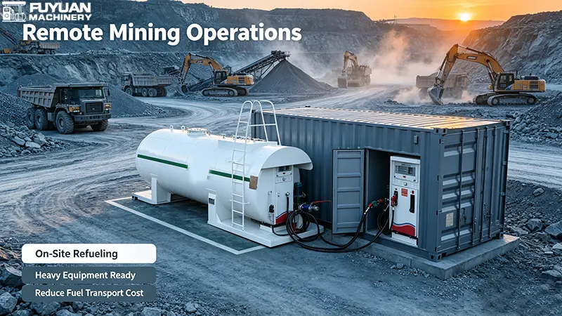 Container gas station deployed at a remote mining site – providing on-site refueling for heavy mining equipment and eliminating costly fuel transport. Container gas station deployed at a remote mining site – providing on-site refueling for heavy mining equipment and eliminating costly fuel transport.