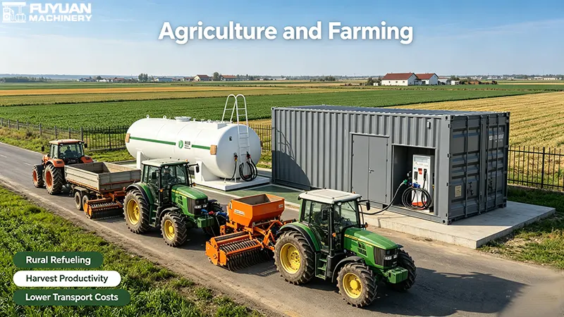 Container fuel station powering agricultural machinery in rural farming operations – reducing transport costs and increasing harvest productivity. Container fuel station powering agricultural machinery in rural farming operations – reducing transport costs and increasing harvest productivity.