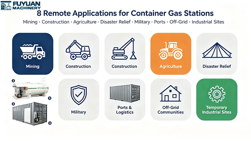 Infographic showing 8 remote applications for container gas stations – including mining, construction sites, agriculture, disaster relief, military operations, ports and logistics, off-grid communities, and temporary industrial sites. Infographic showing 8 remote applications for container gas stations – including mining, construction sites, agriculture, disaster relief, military operations, ports and logistics, off-grid communities, and temporary industrial sites.